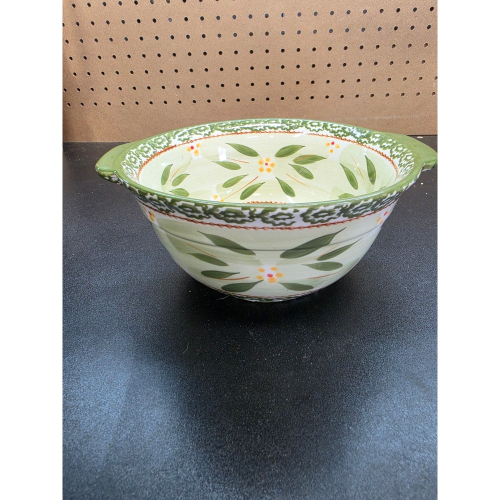 Temp-tations Old World Green 1.5 QT Round Baker Bowl Hand Painted Ceramic